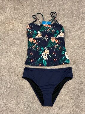 Cupshe BNWT Floral Tankini Two-Piece Swim Set - Navy with Tropical Print - XL